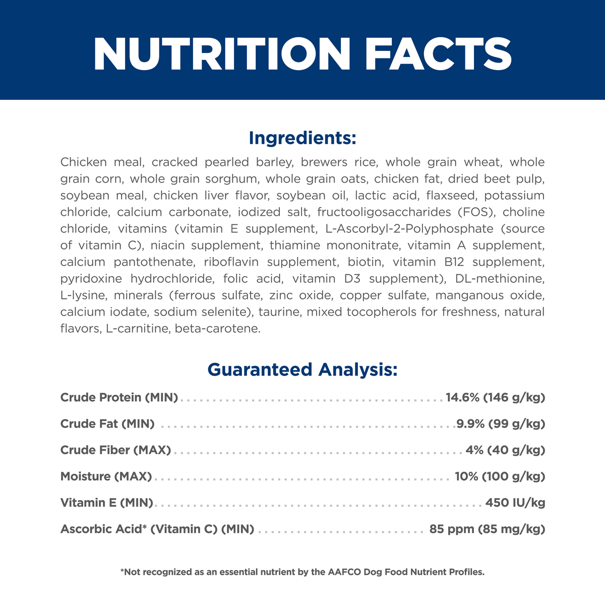 Ingredients and guaranteed analysis panel for Hill's Science Diet Adult 7+ dry dog food
