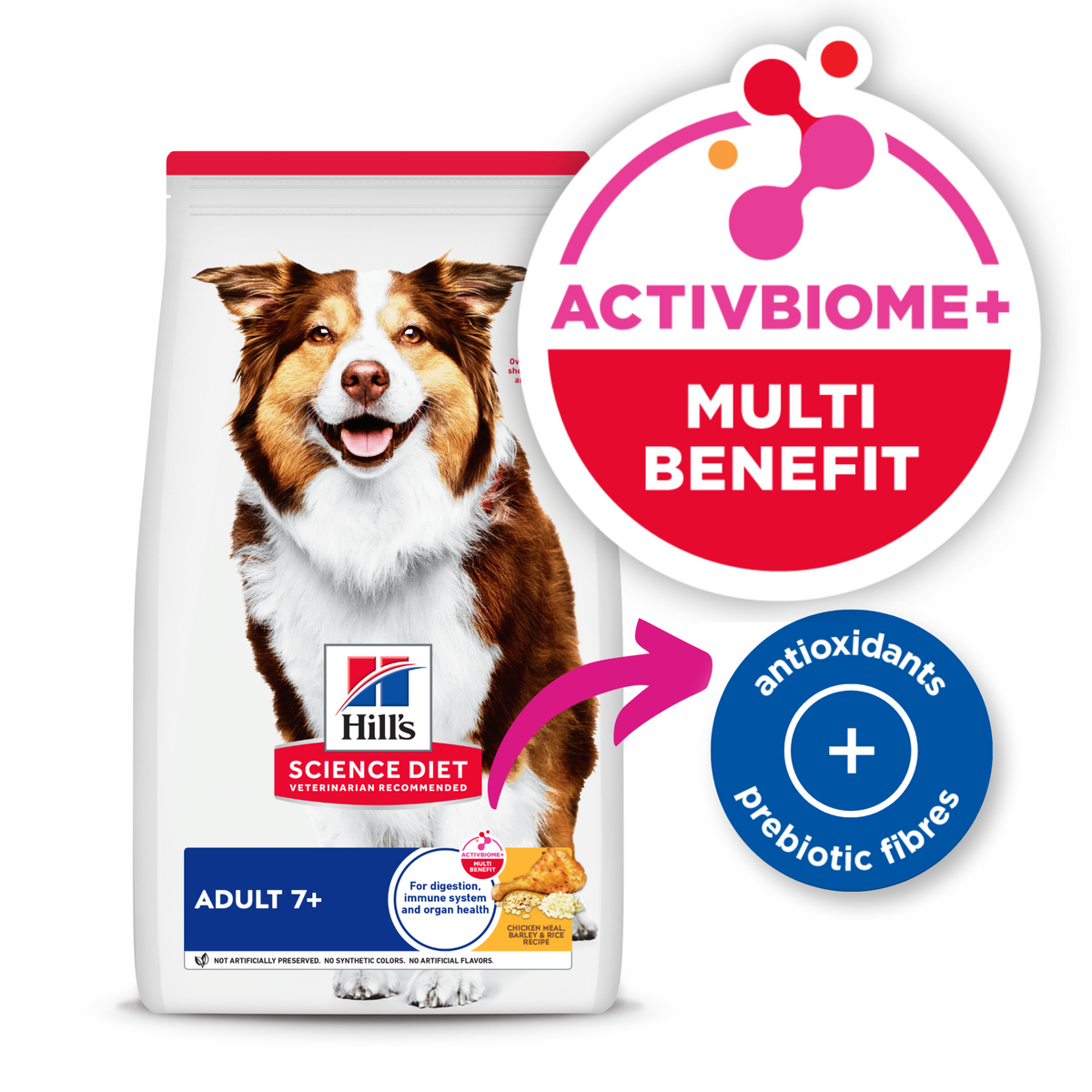 Hill's Science Diet Adult 7+ dog food bag with the ActivBiome+ Multi Benefit badge