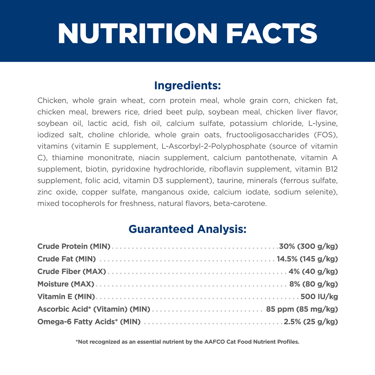 Ingredients and guaranteed analysis panel for Hill's Science Diet Adult dry cat food