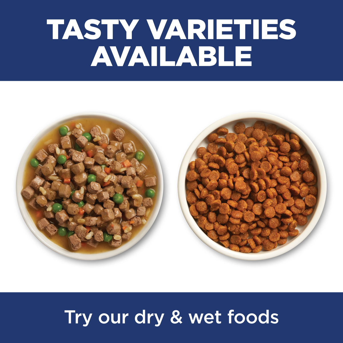 Tasty varieties available: bowls of Hill's Science Diet wet and dry cat food side by side