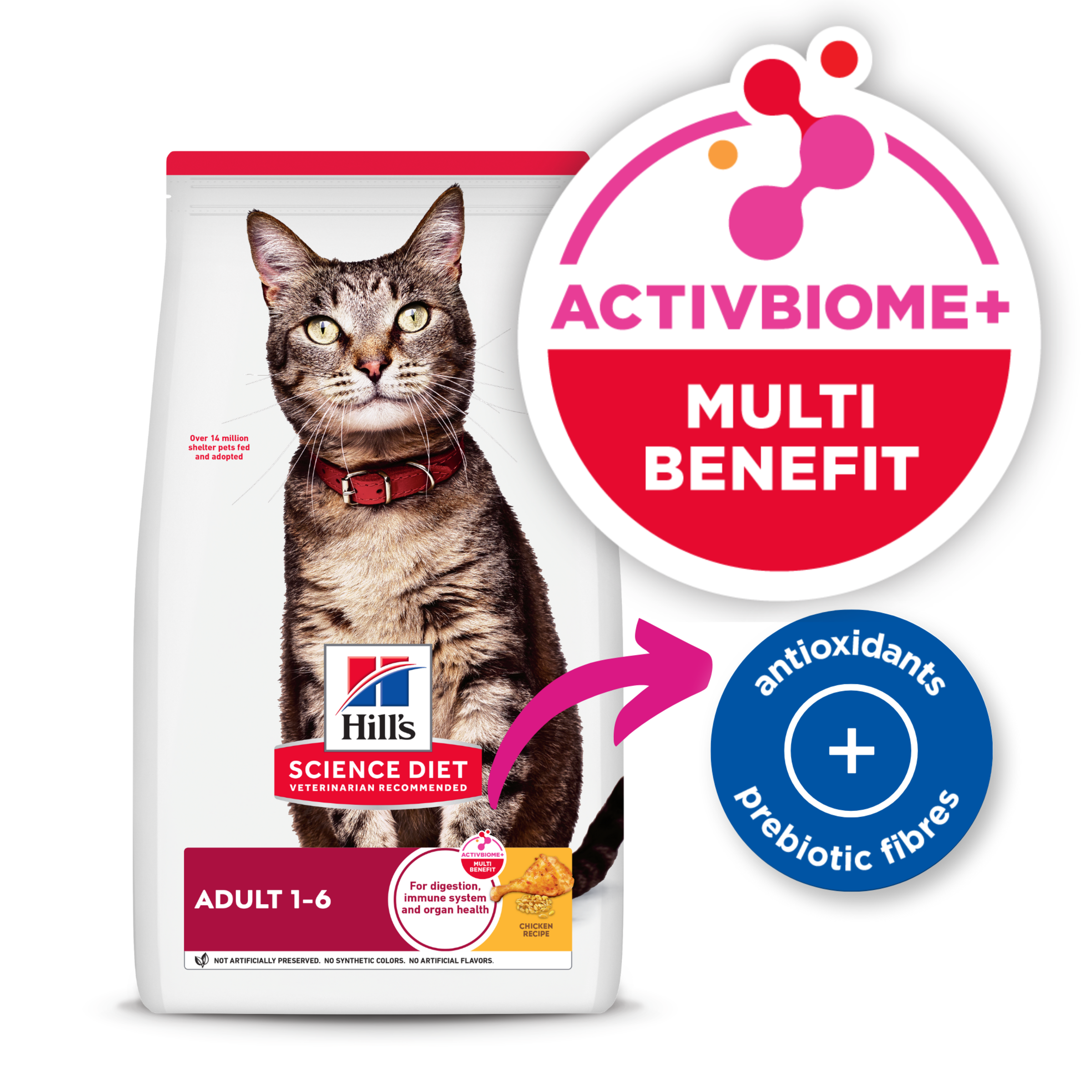 Hill's Science Diet Adult cat food bag with the ActivBiome+ Multi Benefit badge