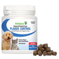 Vetnex Plaque Control Dental Chews in Salmon, white tub with the chews beside it