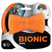 Bionic Bone, orange rubber dog bone on its blister card, small size