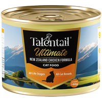 180g tin of Talentail Ultimate New Zealand Chicken Formula cat food, front label