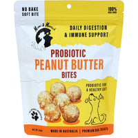 Mimi & Munch Probiotic Peanut Butter Bites for dogs, front of the yellow no-bake soft bite pouch