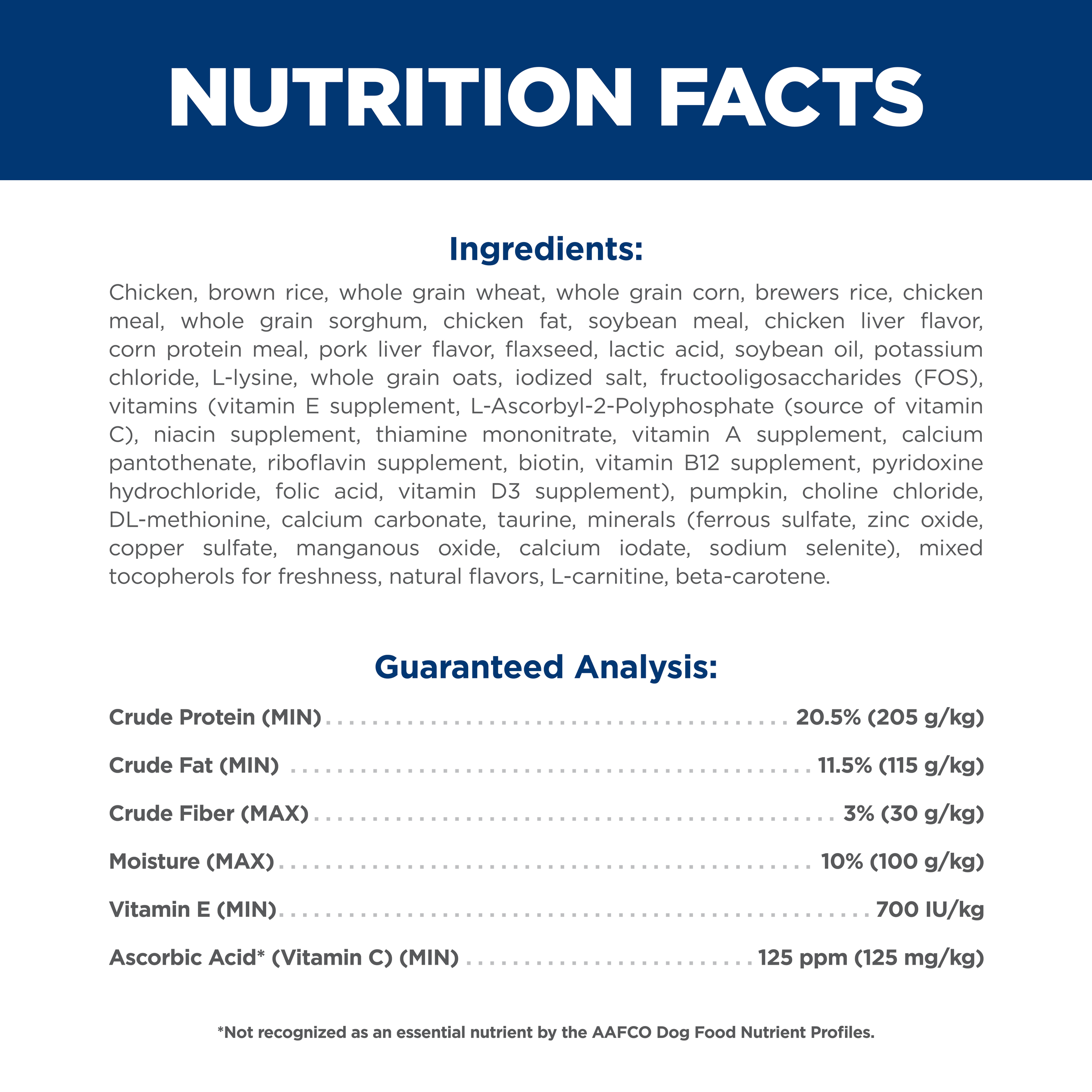 Ingredients and guaranteed analysis panel for Hill's Science Diet Adult Small & Mini dry dog food