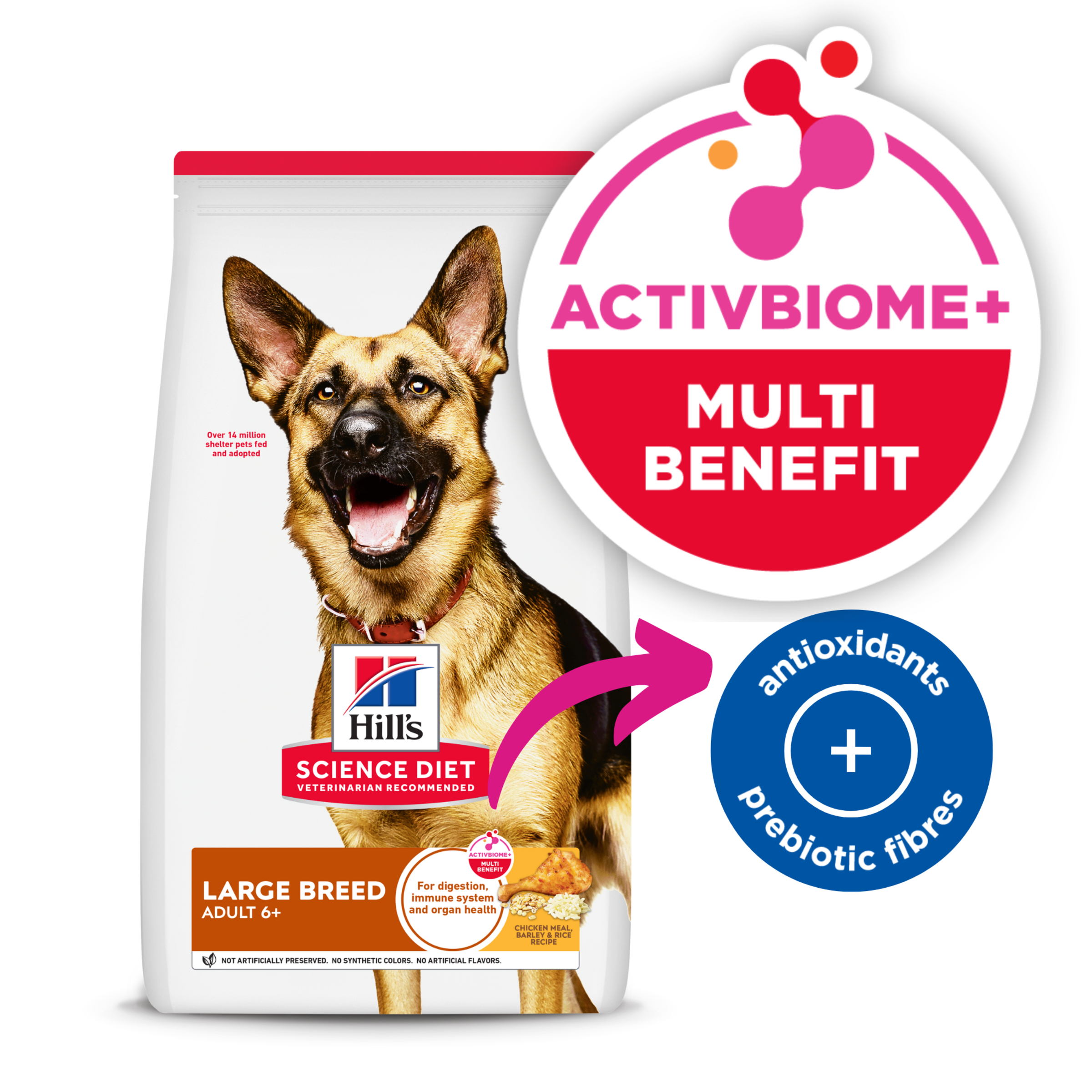 Hill's Science Diet Adult 6+ Large Breed dog food bag with the ActivBiome+ Multi Benefit badge