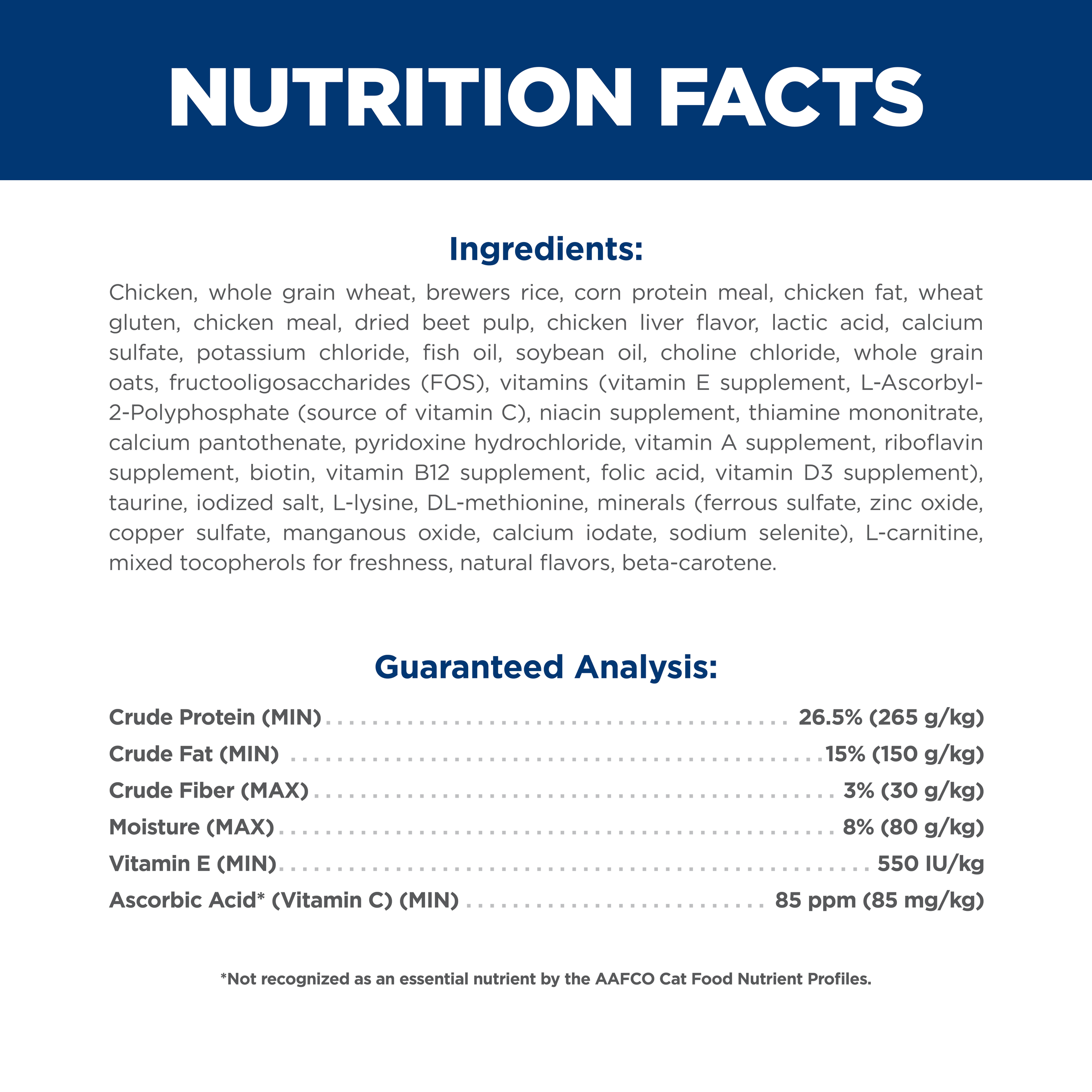 Ingredients and guaranteed analysis panel for Hill's Science Diet Adult 7+ dry cat food