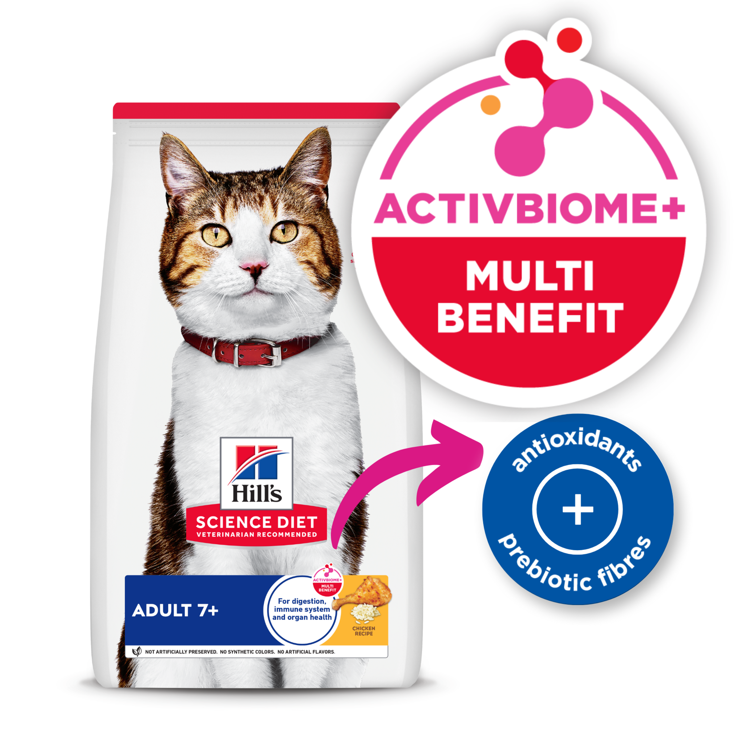 Hill's Science Diet Adult 7+ cat food bag with the ActivBiome+ Multi Benefit badge