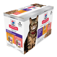 Retail box of Hill's Science Diet Adult Sensitive Stomach and Skin cat food variety pack, 12 pouches