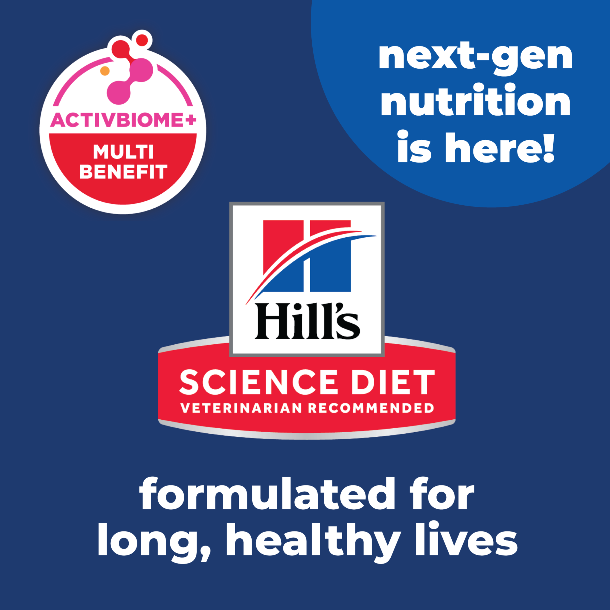 Hill's Science Diet ActivBiome+ Multi Benefit graphic: formulated for long, healthy lives