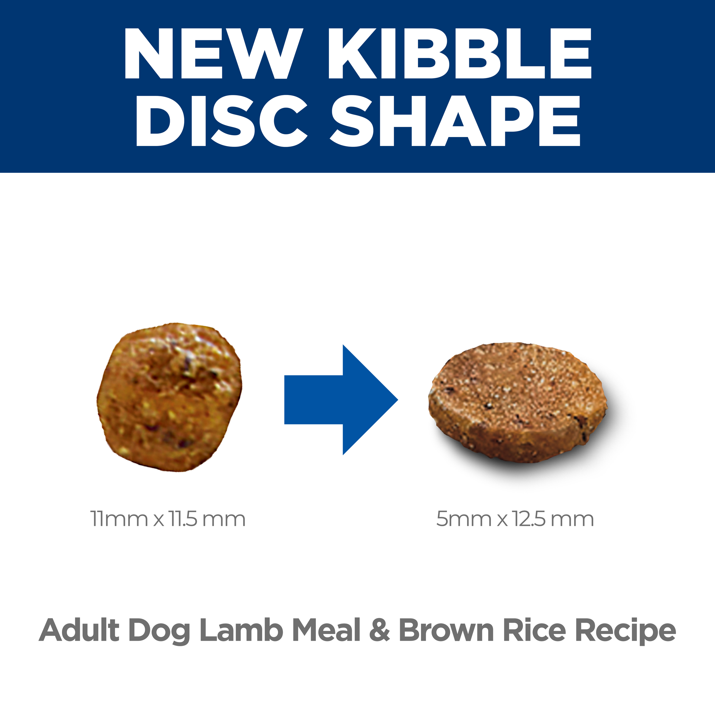 New disc-shaped kibble for Hill's Adult lamb meal and brown rice recipe, old and new compared