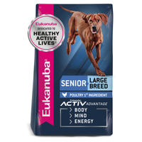 Eukanuba Senior Large Breed dry dog food bag, front of pack with poultry first ingredient