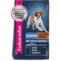 Eukanuba Senior Medium Breed dry dog food bag, front of pack with poultry first ingredient