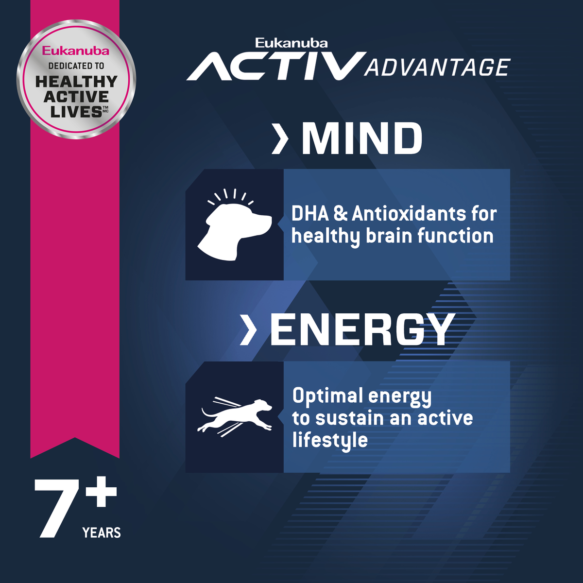Eukanuba Activ Advantage Mind and Energy panels for medium breed dogs 7 years and over