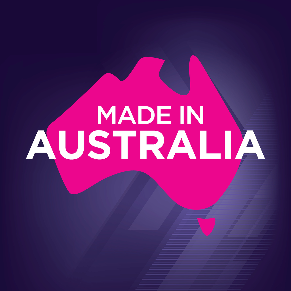 Made in Australia map graphic in pink on a purple background, from Eukanuba
