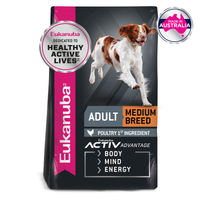 Eukanuba Adult Medium Breed dog food bag with a Made in Australia roundel