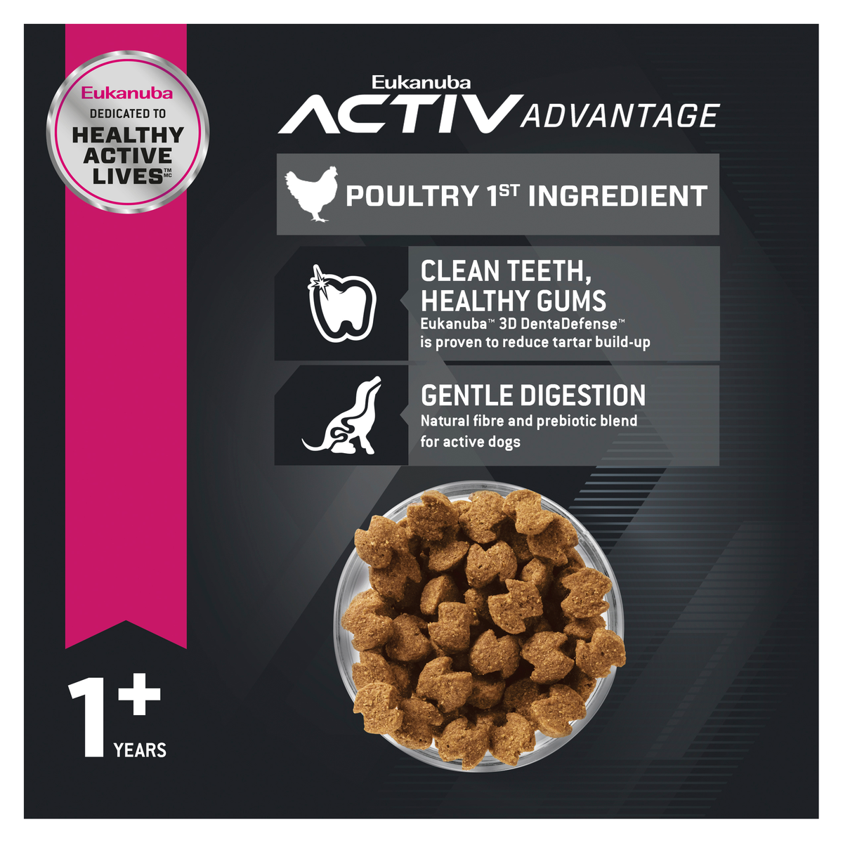 Eukanuba panel on poultry first ingredient, clean teeth and gentle digestion, with kibble