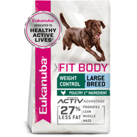 Eukanuba Fit Body Large Breed weight control dog food bag, front of pack with 27% less fat