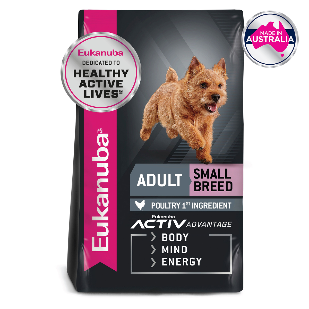 Eukanuba Adult Small Breed dog food bag with a Made in Australia roundel