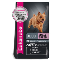 Eukanuba Adult Small Breed dry dog food bag, front of pack with a terrier