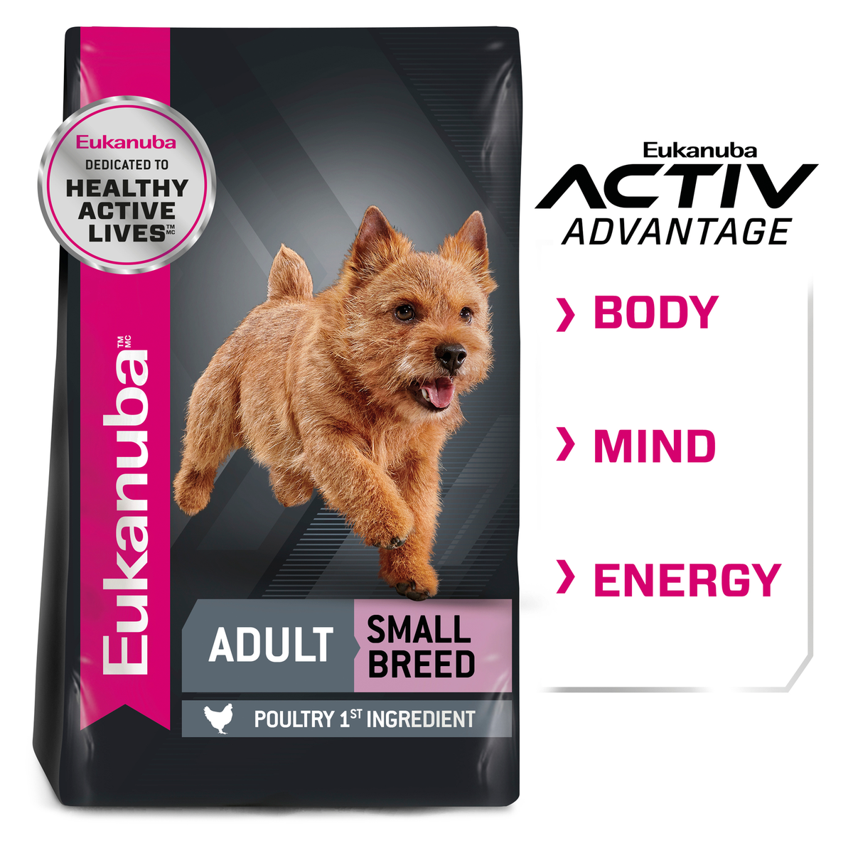 Eukanuba Adult Small Breed bag beside the Activ Advantage body, mind and energy panel