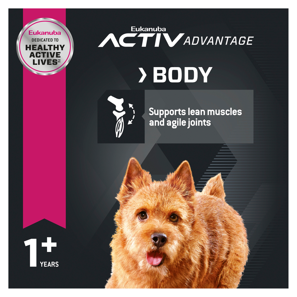 Eukanuba Activ Advantage Body panel with a terrier, on lean muscles and agile joints