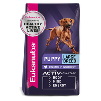 Eukanuba Puppy Large Breed dry dog food bag, front of pack with poultry first ingredient