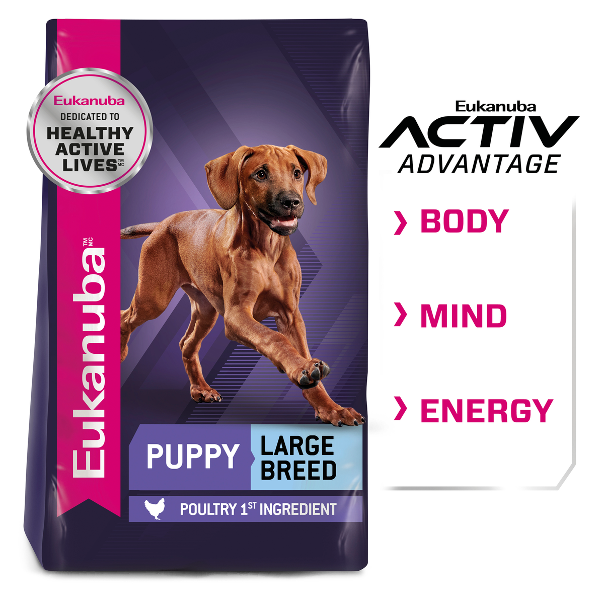 Eukanuba Puppy Large Breed bag beside the Activ Advantage body, mind and energy panel