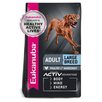 Eukanuba Adult Large Breed dry dog food bag, front of pack with poultry first ingredient