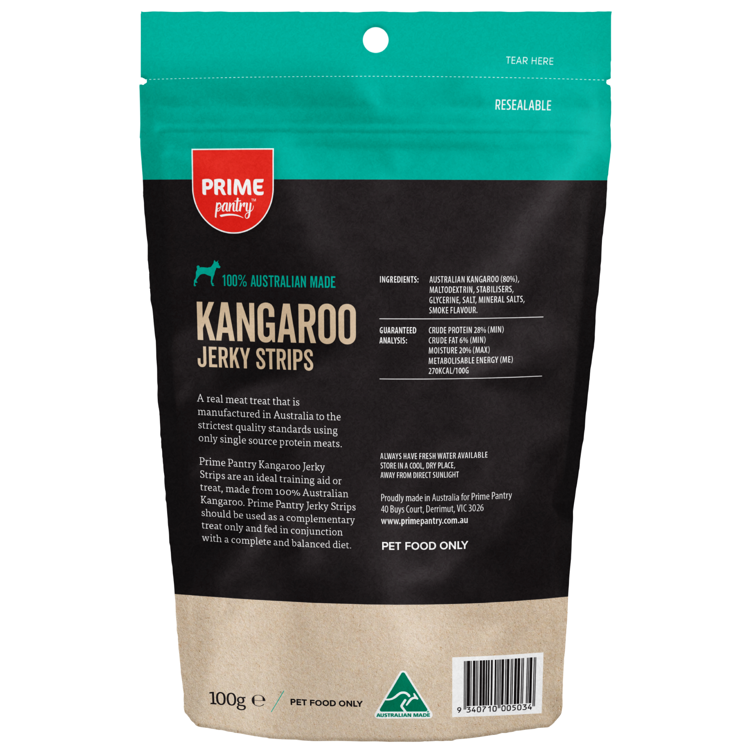 Prime100 SPT Dog Treats Kangaroo Jerky Strips back of pack