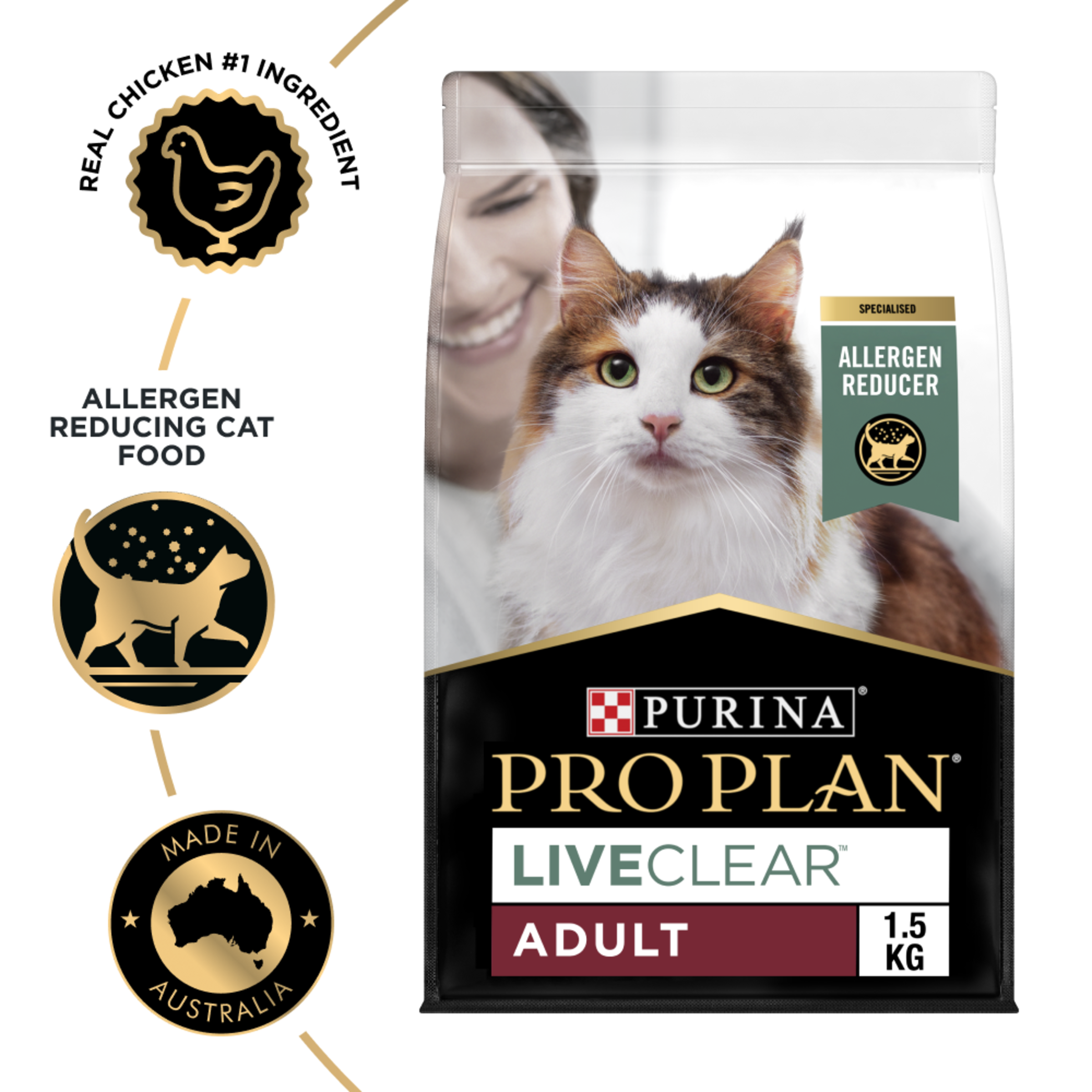 PRO PLAN LIVECLEAR Adult 1.5kg bag beside the chicken-first and allergen-reducing food badges