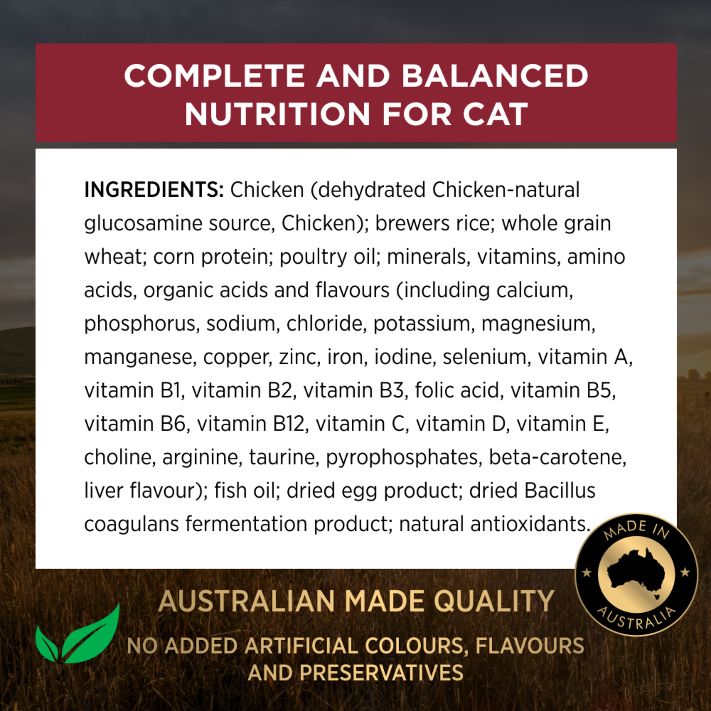 PRO PLAN LIVECLEAR Adult ingredients panel: complete and balanced nutrition for cats