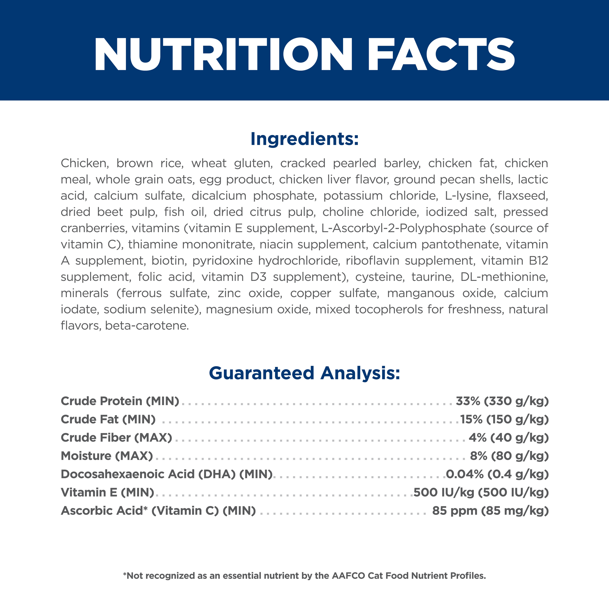 Ingredients and guaranteed analysis panel for Hill's Science Diet Indoor Kitten dry cat food