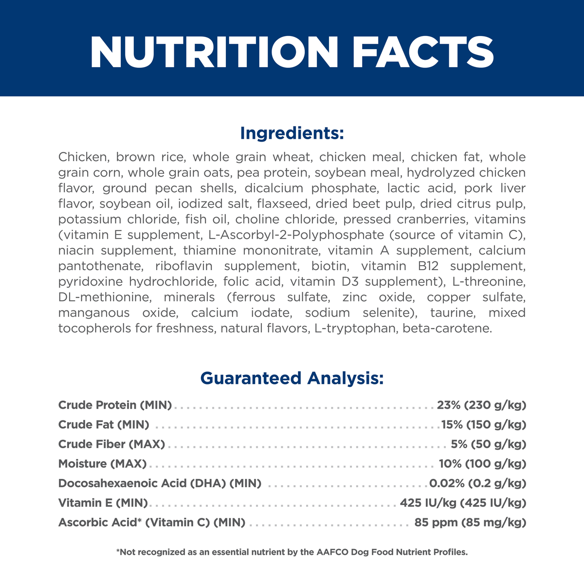 Ingredients and guaranteed analysis panel for Hill's Science Diet Puppy dry dog food