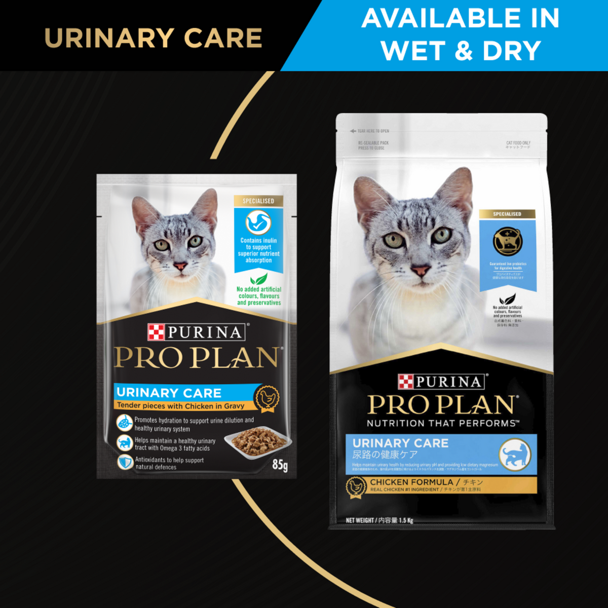 PRO PLAN Urinary Care range panel: the dry bag and the wet pack, available in wet and dry