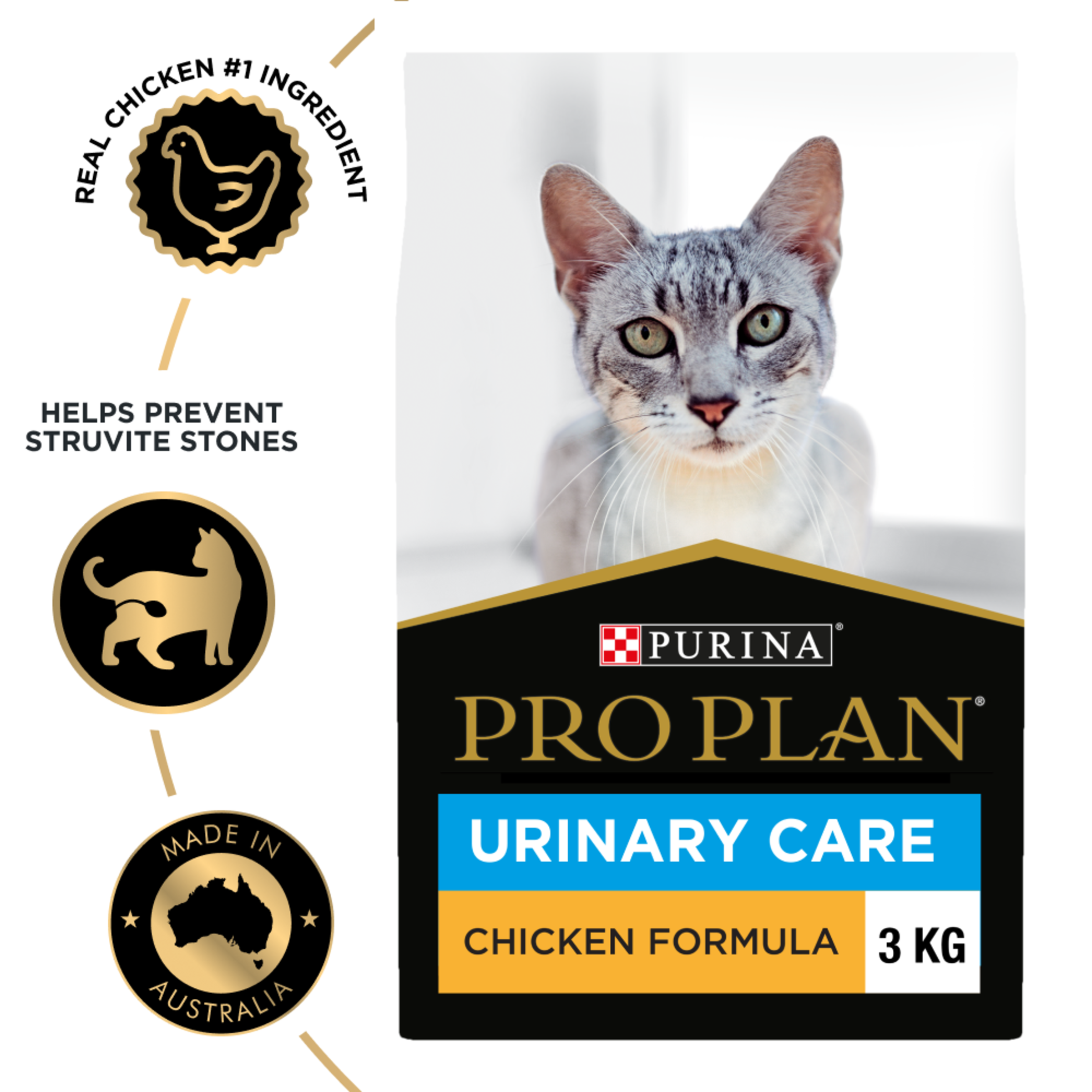 PRO PLAN Urinary Care Chicken Formula 3kg bag beside the chicken-first and struvite stone badges