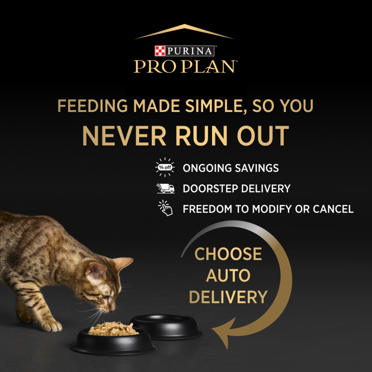 PRO PLAN auto delivery promotion panel with a cat eating from a bowl