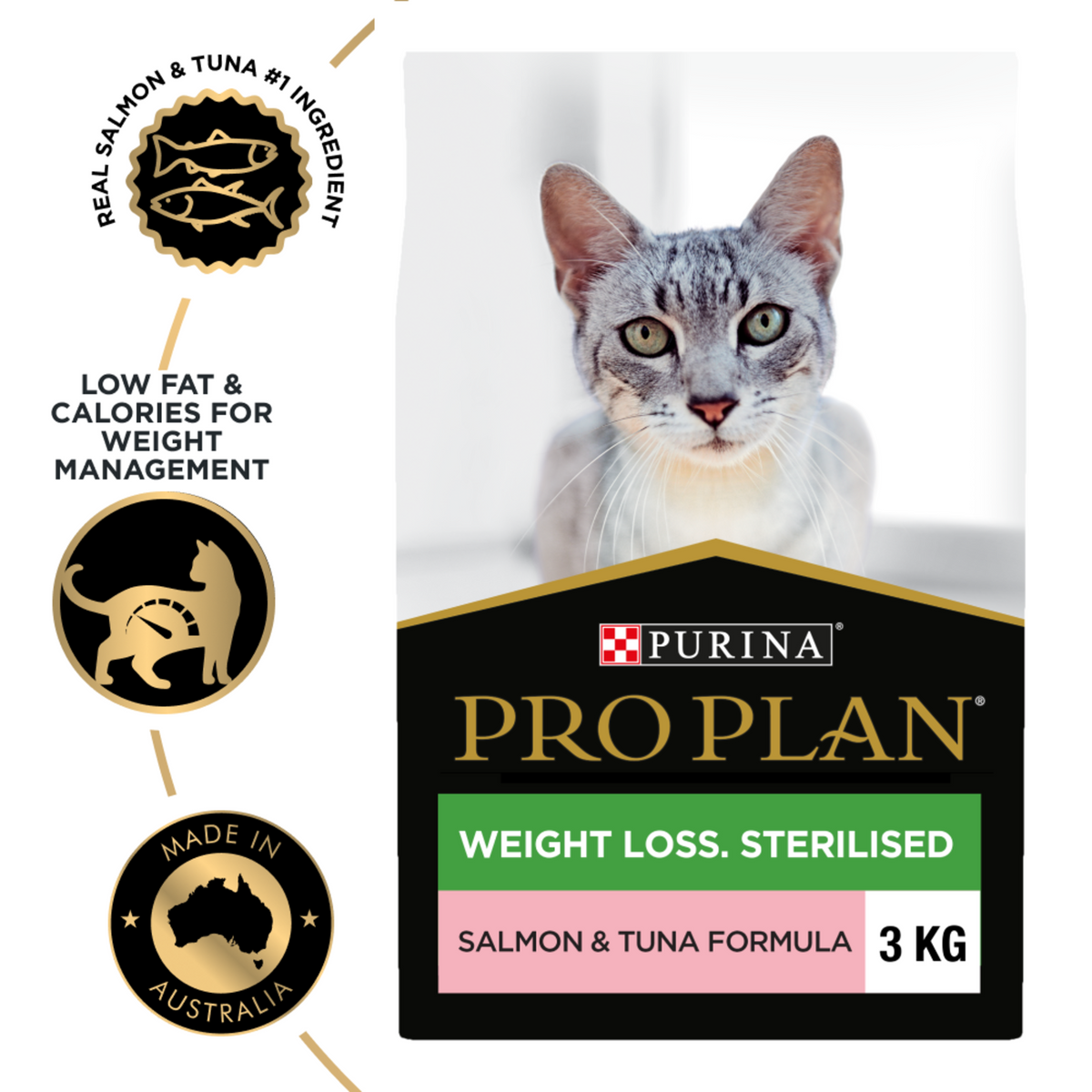 PRO PLAN Weight Loss Sterilised 3kg bag beside the salmon-and-tuna-first and low fat badges