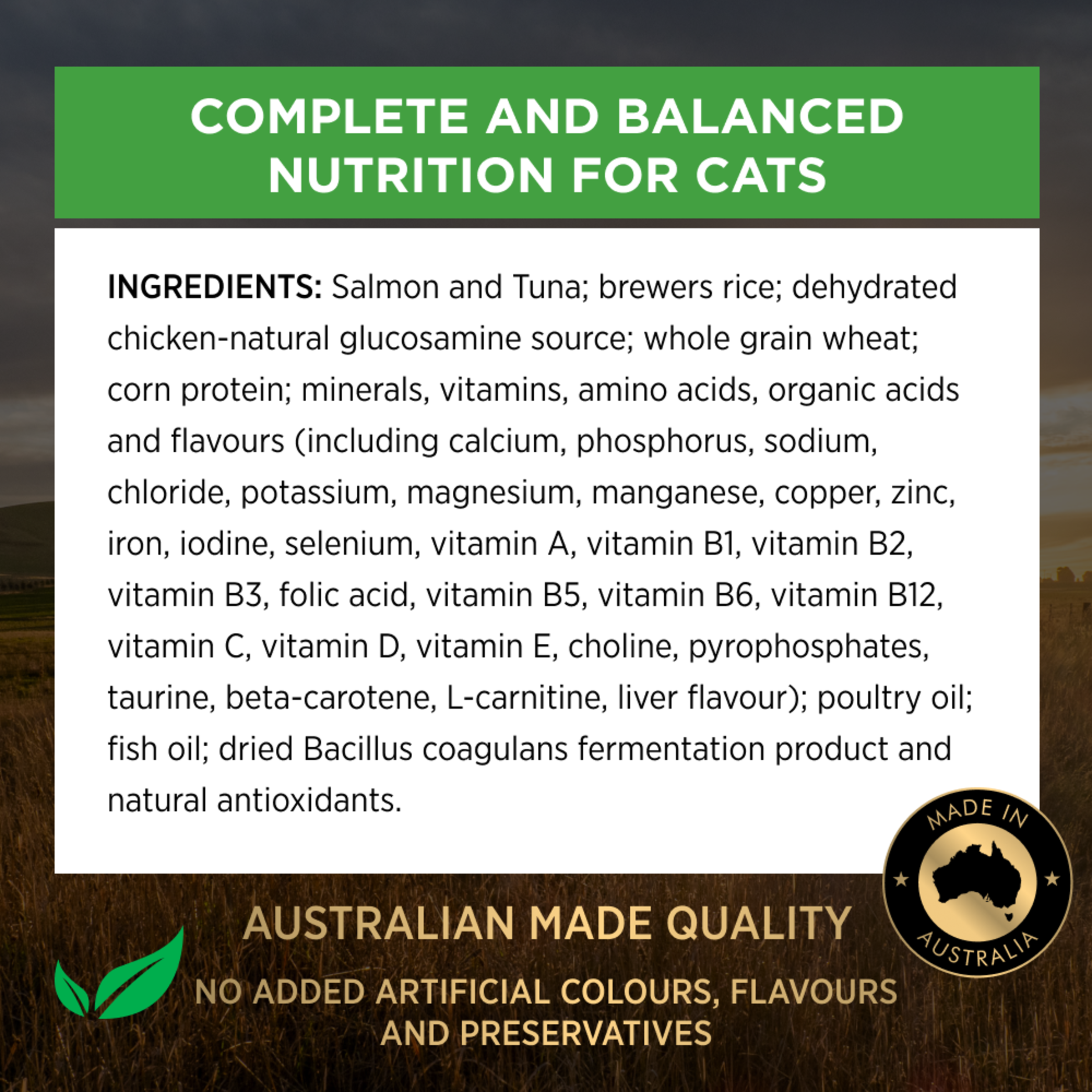 PRO PLAN Weight Loss Sterilised ingredients panel: complete and balanced nutrition for cats
