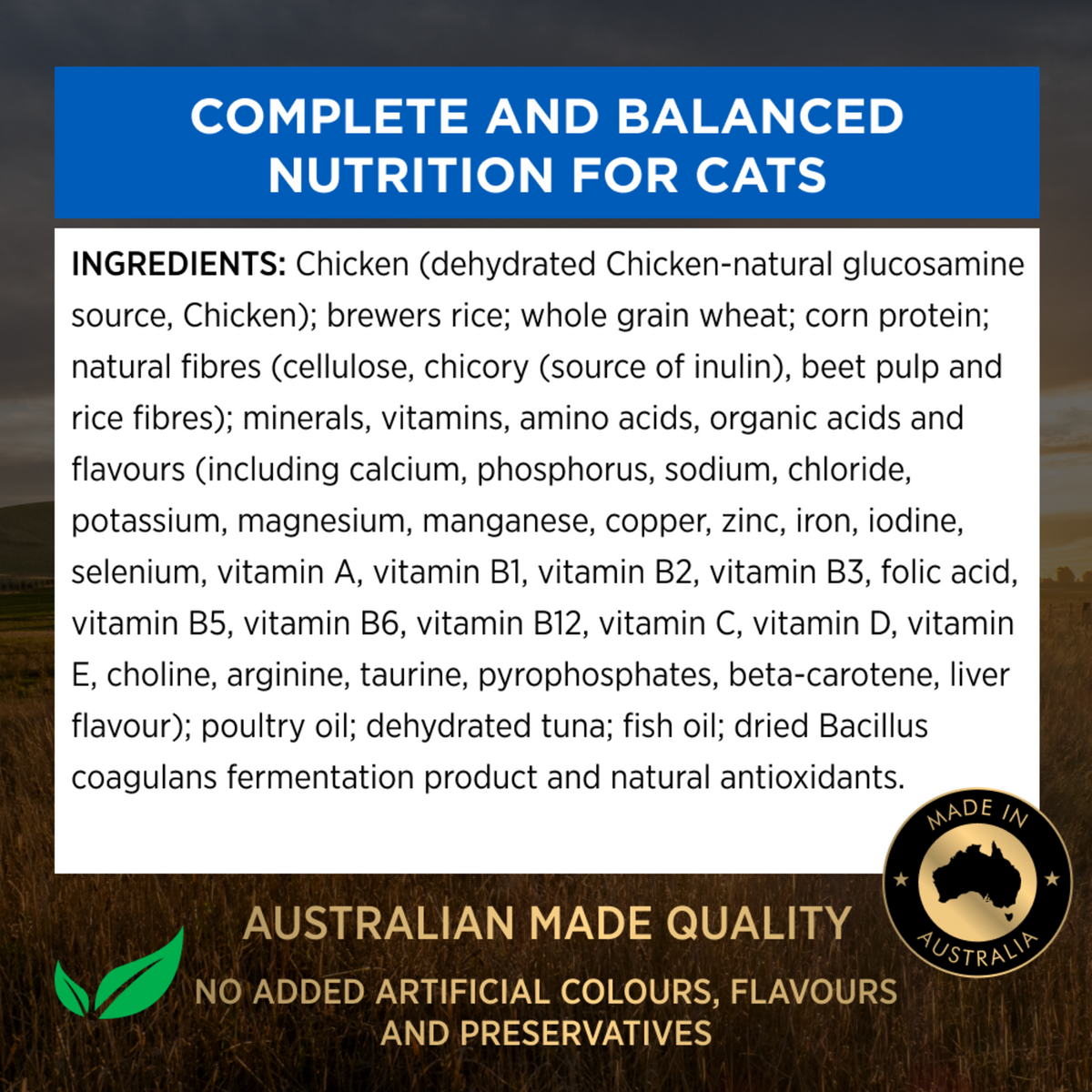 PRO PLAN Indoor Hairball Control ingredients panel: complete and balanced nutrition for cats