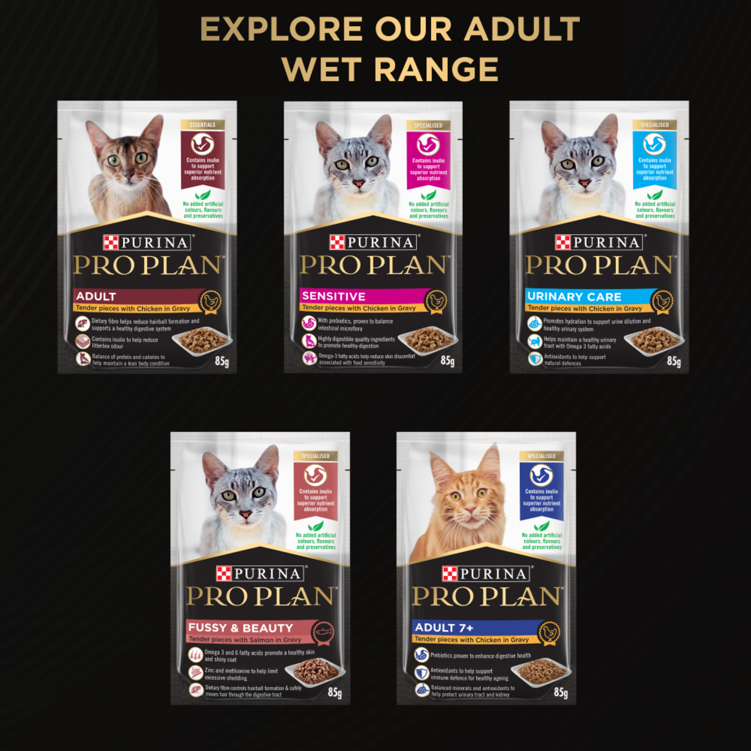 PRO PLAN adult wet range panel showing five wet cat food packs