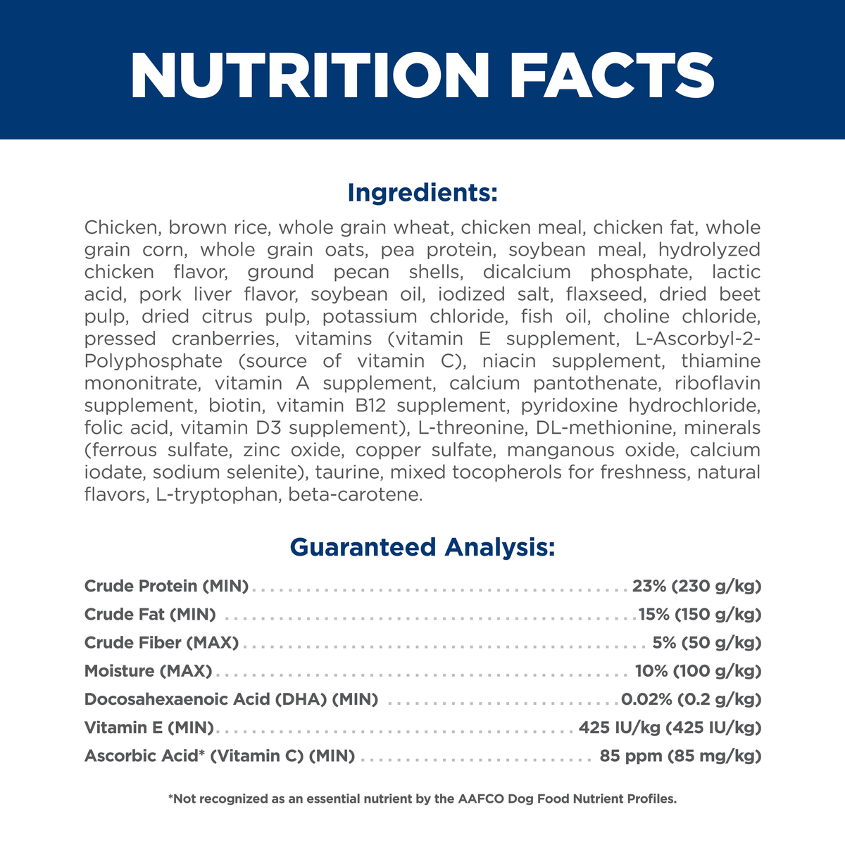 Ingredients and guaranteed analysis panel for Hill's Science Diet Puppy Small Bites dry dog food
