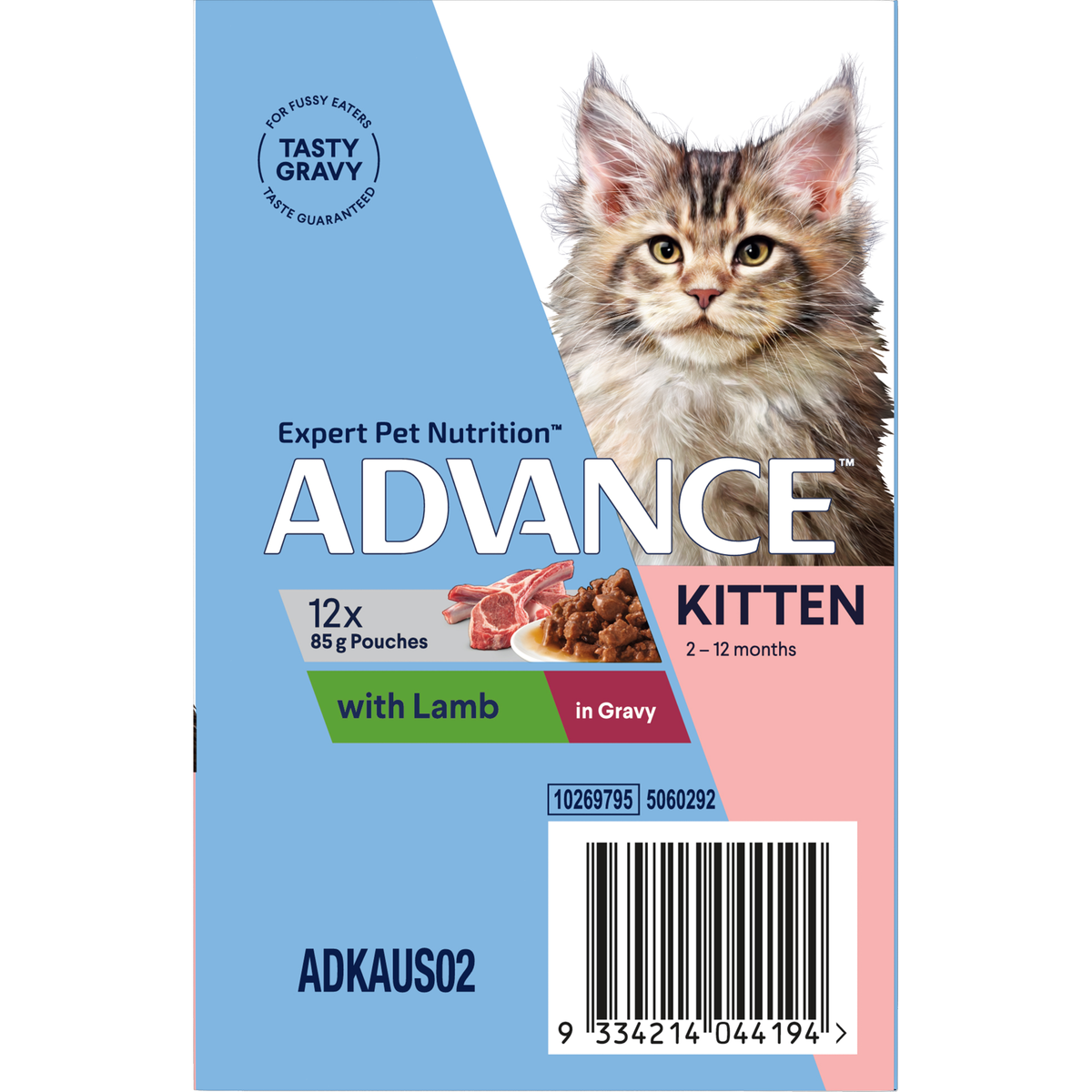 Back of the ADVANCE Kitten with Lamb in Gravy 12 x 85g pouch sleeve