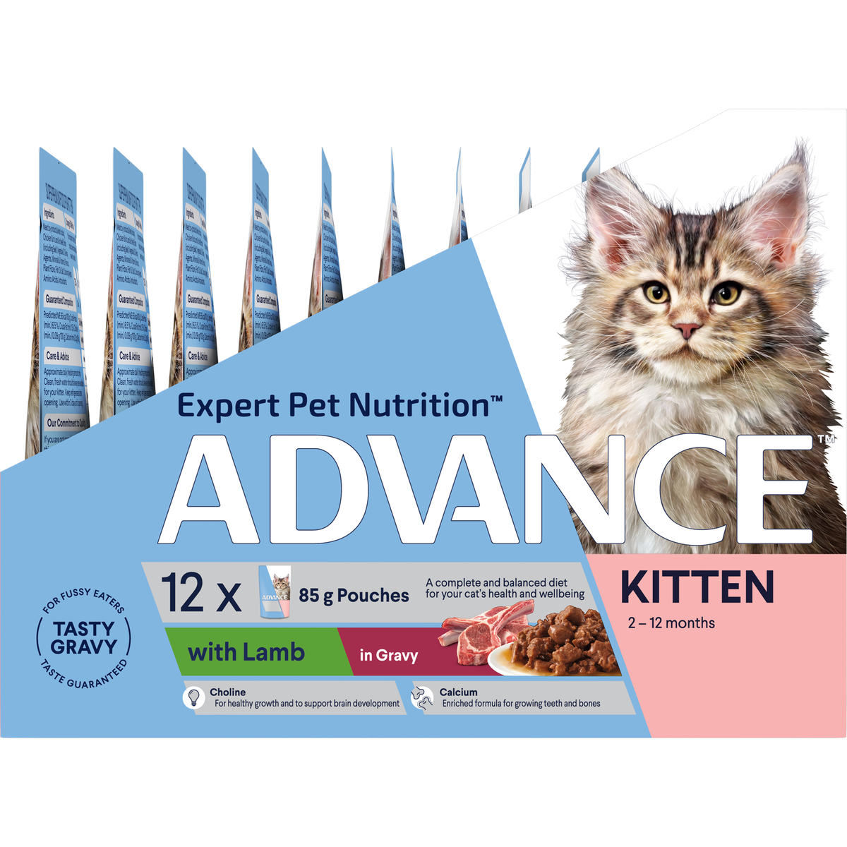 ADVANCE Kitten with Lamb in Gravy 12 x 85g pouch pack, alternate angle