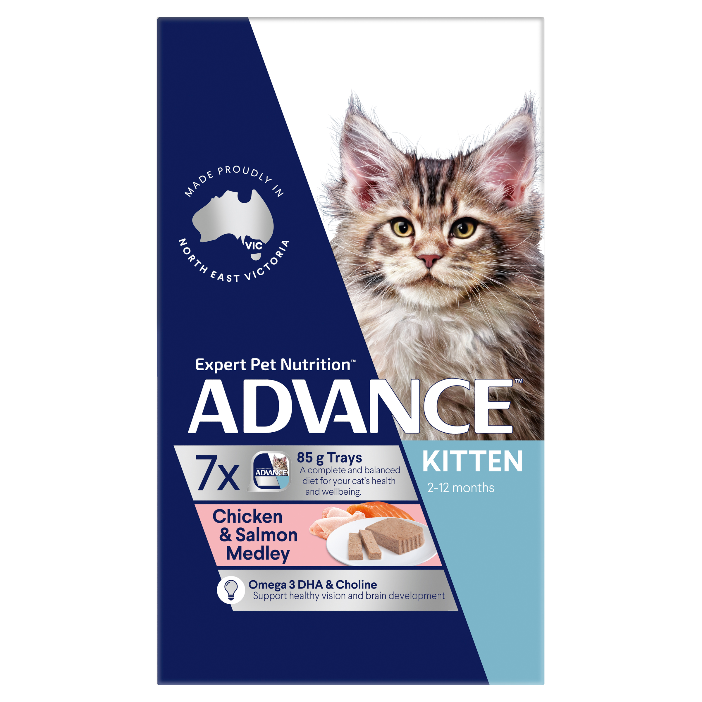 ADVANCE Kitten Wet Cat Food Chicken & Salmon Medley 7x85g Trays front of pack