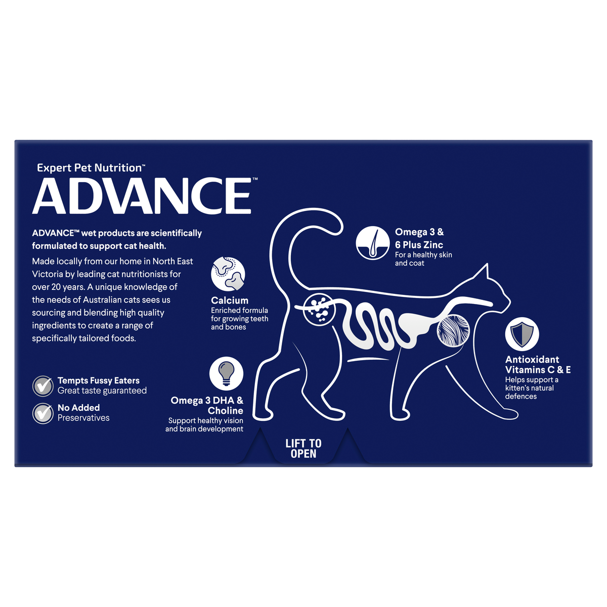 Back of the ADVANCE Kitten Chicken and Salmon Medley tray carton