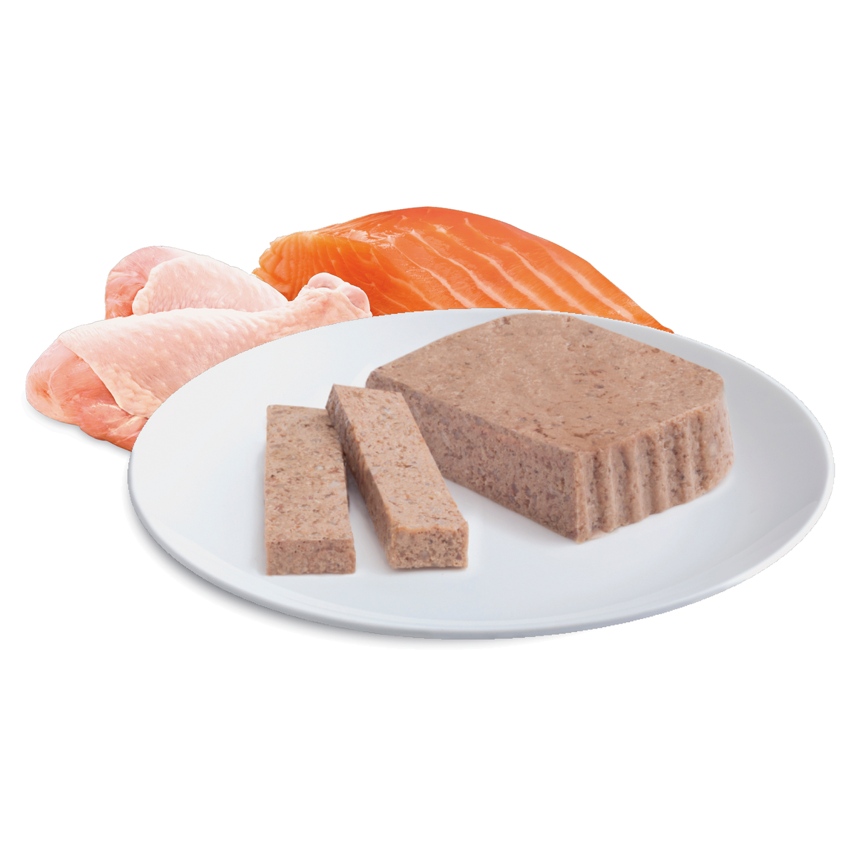 Raw chicken, salmon and sliced ADVANCE Kitten Chicken and Salmon Medley loaf on a plate