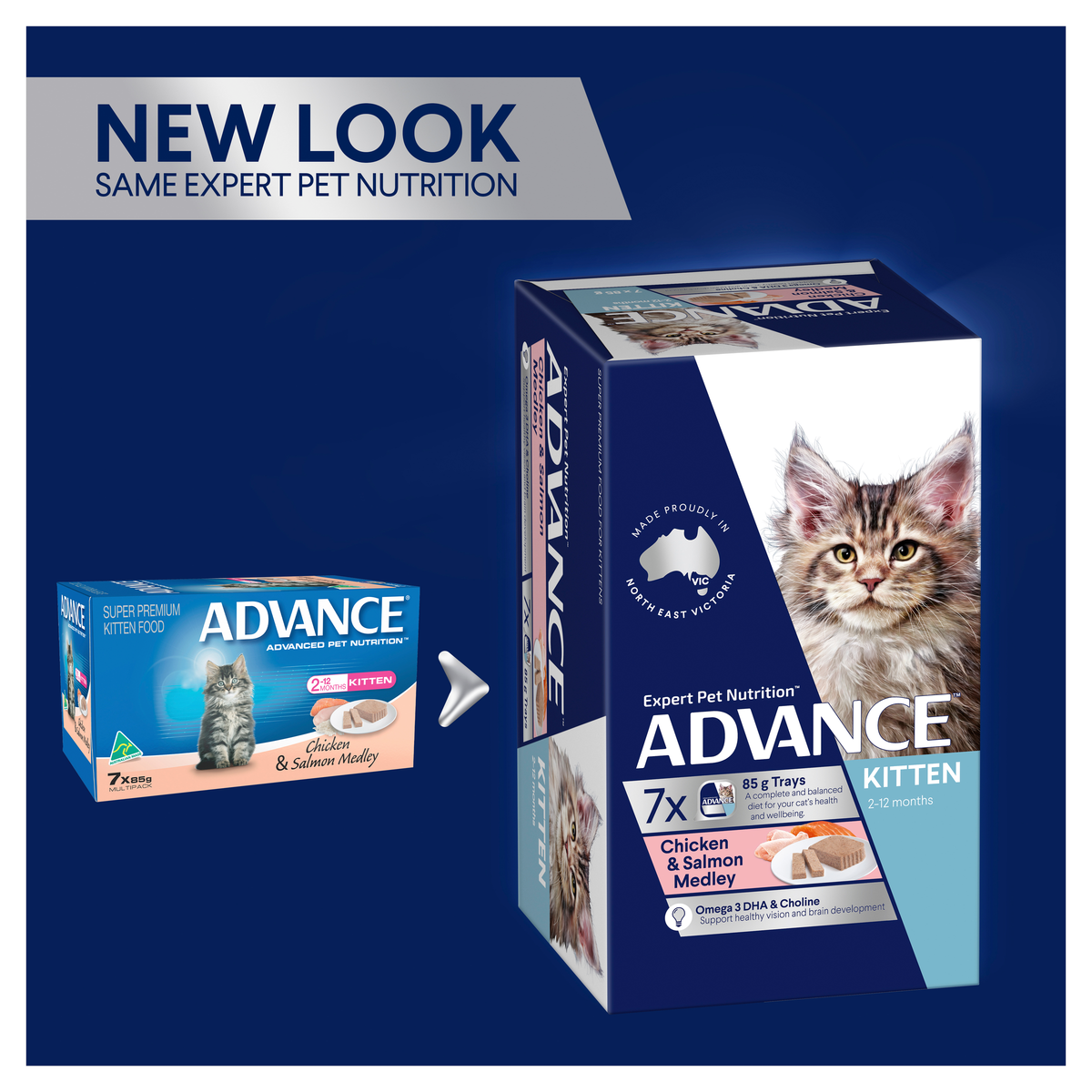 ADVANCE packaging update: old and new Kitten Chicken and Salmon Medley cartons side by side