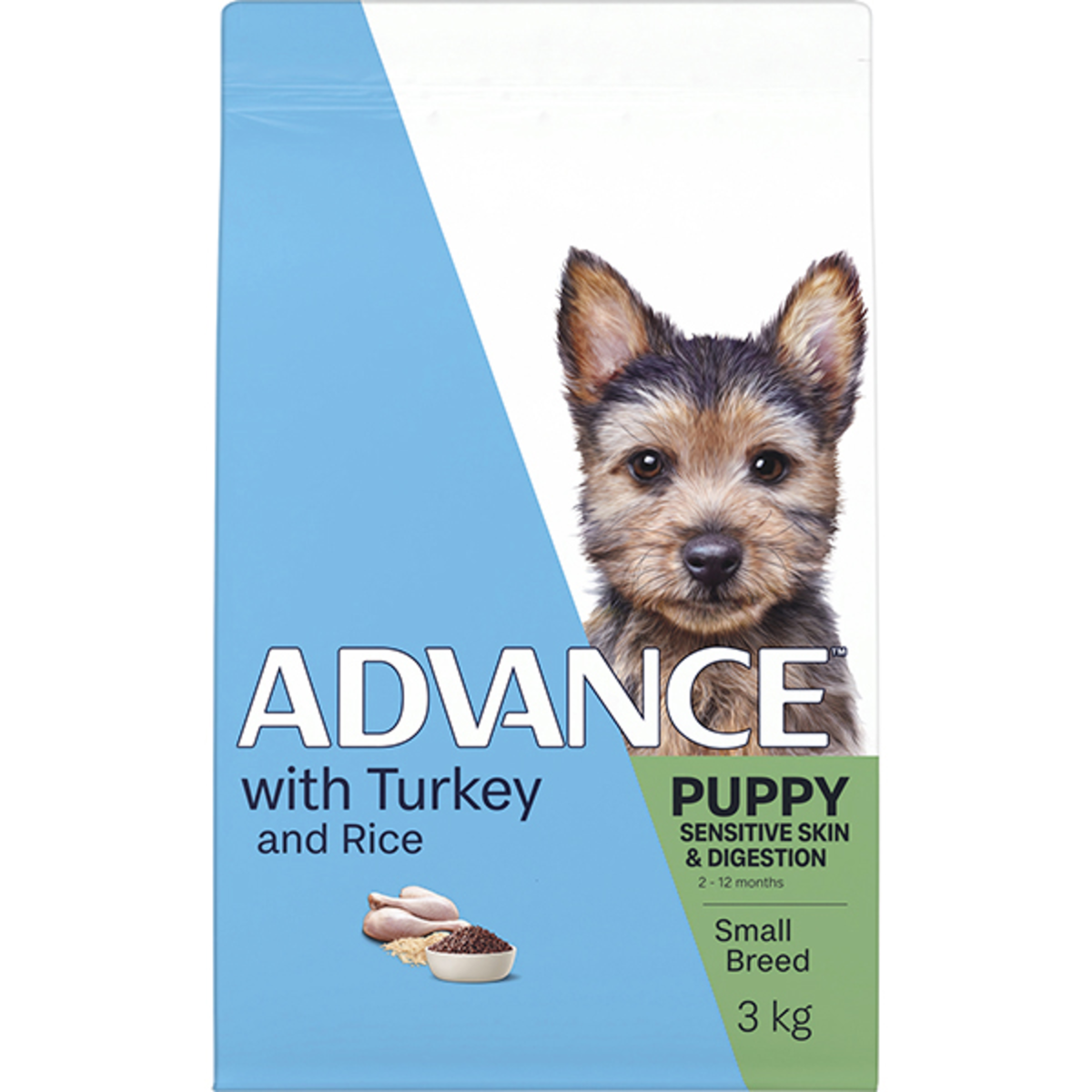ADVANCE Puppy Sensitive Skin and Digestion Small Breed Turkey and Rice 3kg bag, angled view